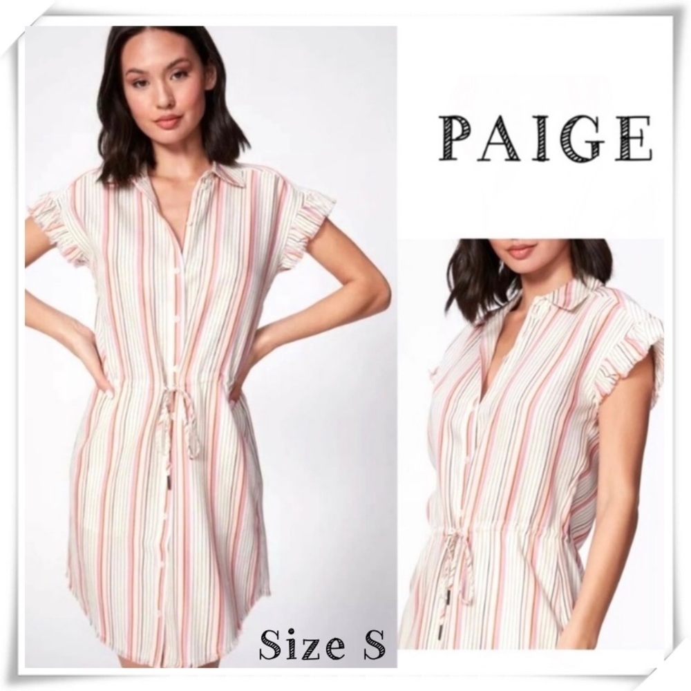 PAIGE Jaylin Stripe Drawstring waist Jaylin Shirt Dress Cream with Pink Size S